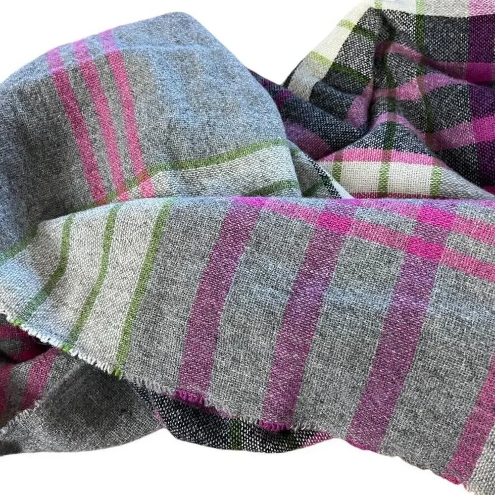 Talbots Womens Gray Pink Green Plaid Wool Fringe Scarf Wrap Warm Winter 54x58